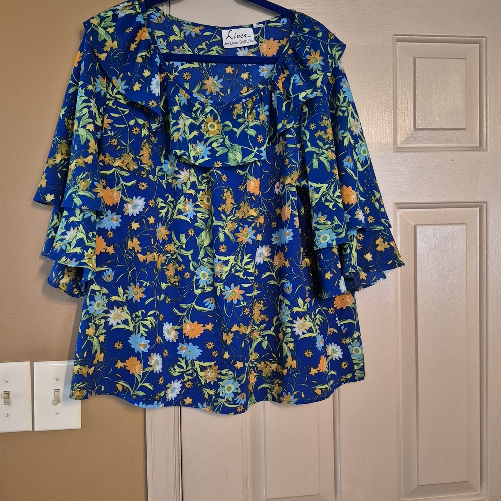 Linea by Louis Dell'Olio Floral Ruffle Blouse - Blue and Orange